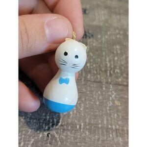 Mini wooden vintage cat AS IS ornament Xmas Decor boy blue‎ bow